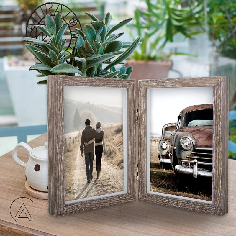AEVETE 5x7 Double Picture Frames Hinged Wood Folding Picture Frames Vertically Display, Real Glass Front, Gray - Image 3